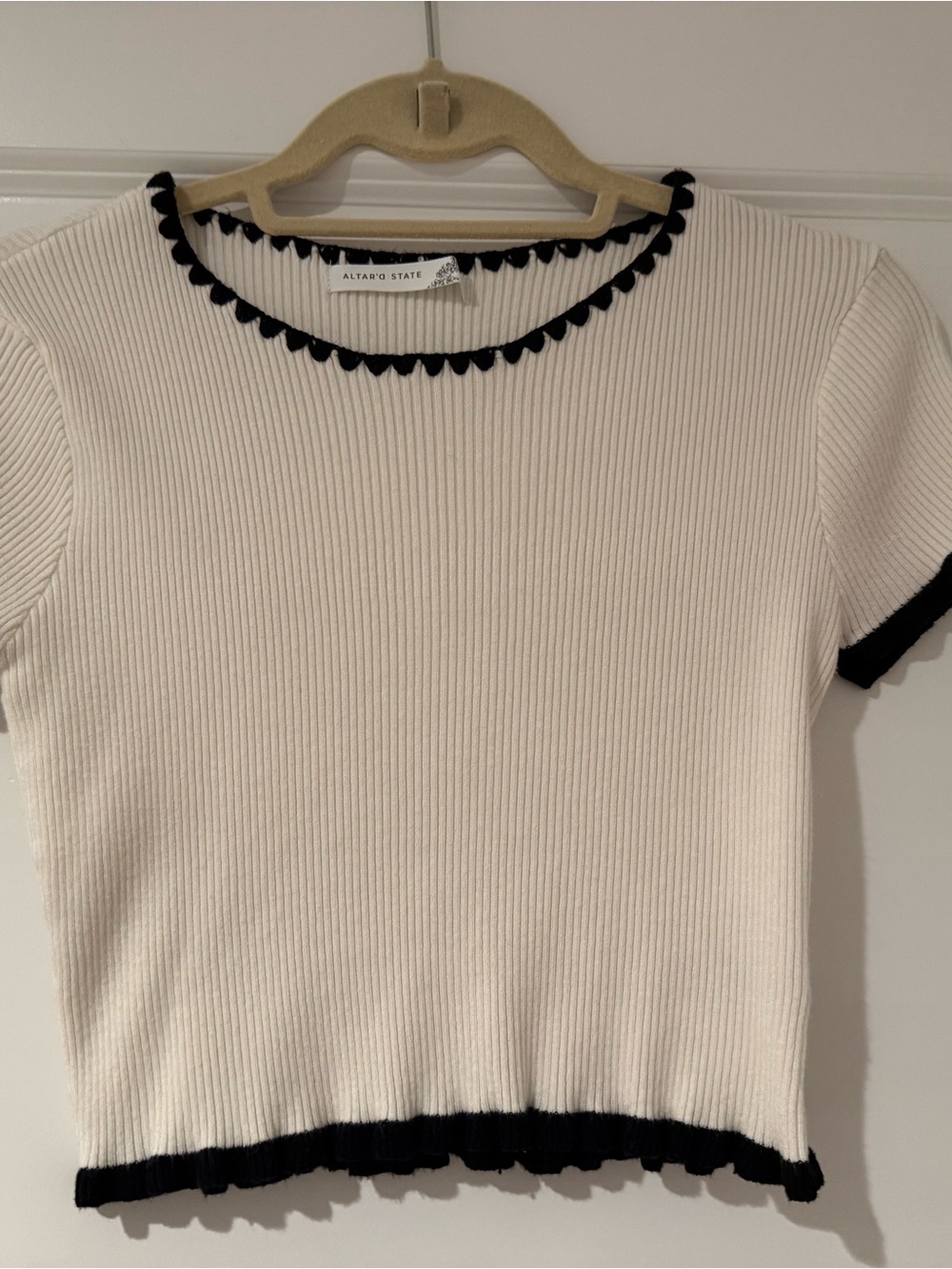 Altar'd State Cream Ribbed Short Sleeve Top with Black Scalloped Trim